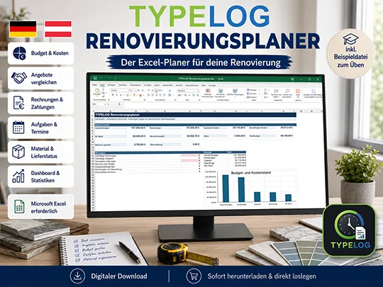 TYPELOG Renovierungsplaner für Microsoft Excel zur Planung von Budgets, Kosten, Angeboten und Terminen